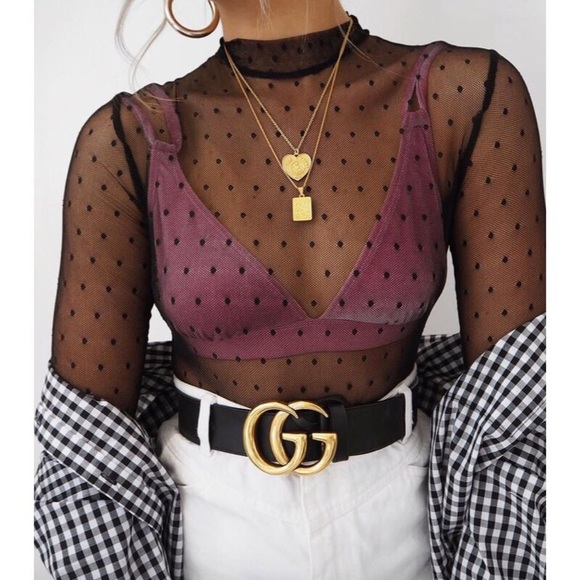 Tops - Black Sheer Polka Dot Long Sleeve Top